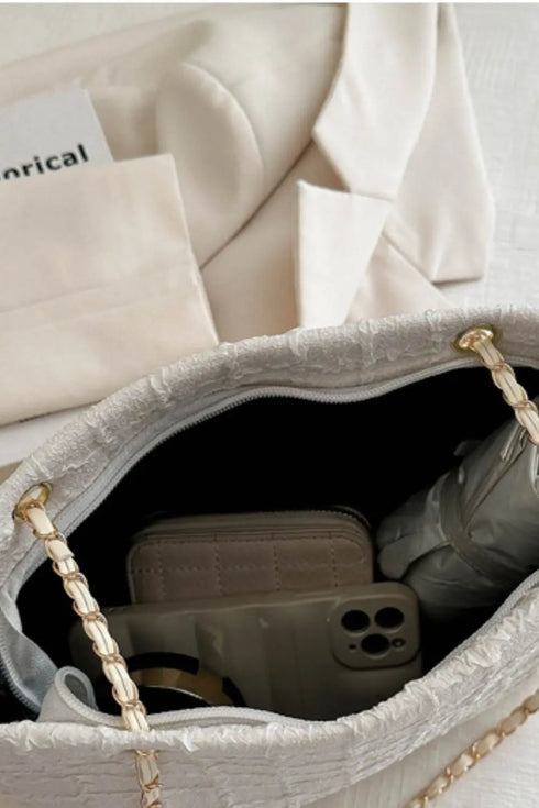 'Yara' Polyester Texture Chain Tote Bag - Celes Fashion